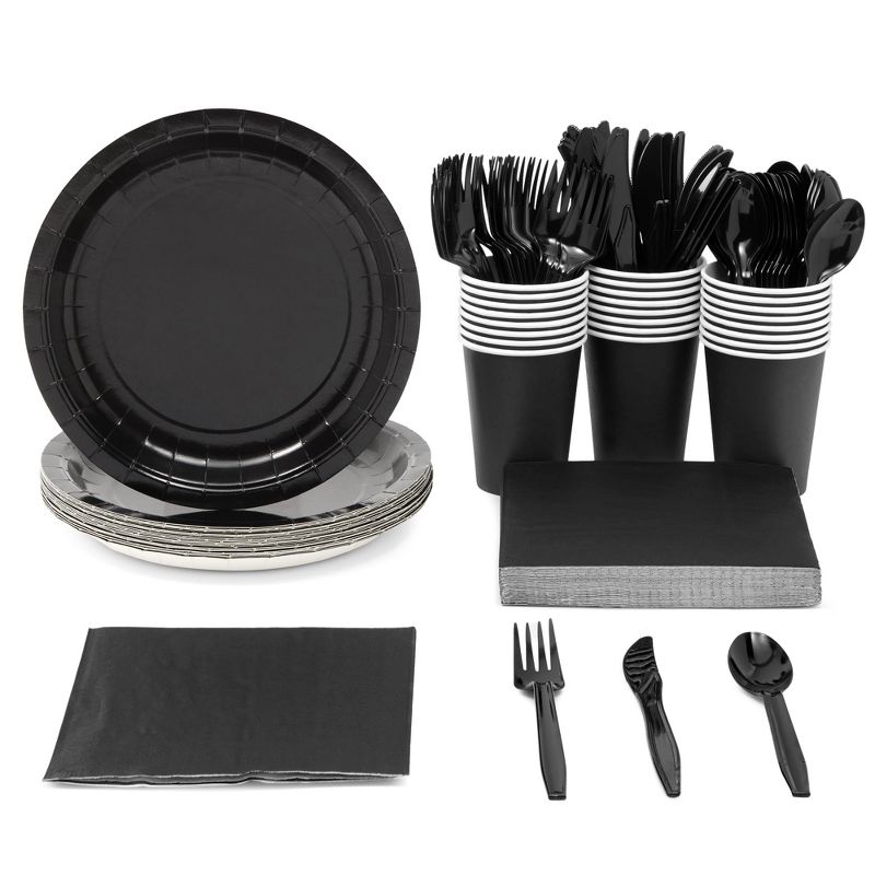 Juvale 144 Piece Black Party Supplies - Serves 24 Disposable Paper Plates, Napkins, Cups, Cutlery for Birthday, Graduation, 1 of 9