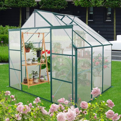 73.75"8X6FT-Green Double Door Polycarbonate Greenhouse Raised Base and Anchor Aluminum Heavy Duty Walk-in Greenhouses