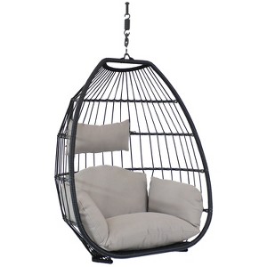 Sunnydaze Outdoor Resin Wicker Patio Oliver Lounge Hanging Basket Egg Chair Swing with Cushions and Headrest - Gray - 2pc - 1 of 4