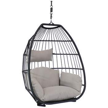Sunnydaze Outdoor Resin Wicker Patio Oliver Lounge Hanging Basket Egg Chair Swing with Cushions and Headrest - Gray - 2pc