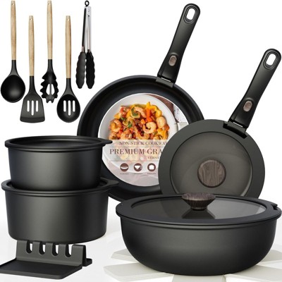 BRINJOY 21-Piece Nonstick Cookware Set with Removable Handles - Oven & Induction Safe, Stackable Design (Black)