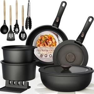 BRINJOY 21-Piece Nonstick Cookware Set with Removable Handles - Oven & Induction Safe, Stackable Design (Black) - 1 of 4