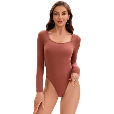 INSPIRE CHIC Women's Bodysuit Long Sleeve Slim Fit V Neck Tummy Control Brief Shapewear Small Brown