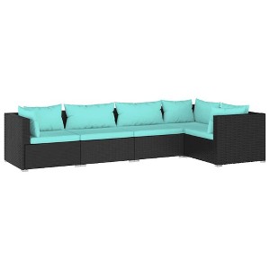 vidaXL Patio Lounge Set - 5 Piece Poly Rattan, Outdoor Furniture with Cushions - Waterproof, Modular Design, Easy to Clean - Black and Water Blue - 1 of 4