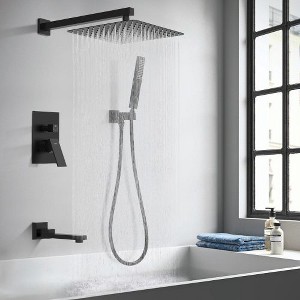 Matte Black Wall-Mount Shower Set, 12" Rain Hd & Handheld, with Pressure Balance Valve Kit - 1 of 4