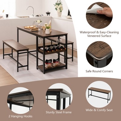 Rustic Brown and Black 3-Piece Dining Table Set with Storage