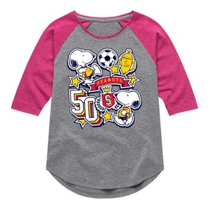 Girls' - Peanuts - Snoopy Soccer Stickers Shirt Tail Raglan Graphic T-shirt - 1 of 4