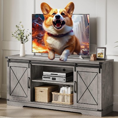 Farmhouse TV Stand and Entertainment Center for TV Up to 65 Inches with Sliding Barn Doors and Adjustable Shelf, for Living Room, Bedroom