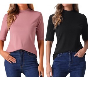 INSPIRE CHIC Women's Half Sleeve Casual Turtleneck Solid Elastic Soft T-Shirts 2 Packs - 1 of 4