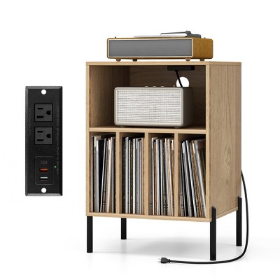 Tangkula Record Player Stand w/Charging Station 5 Storage Compartments Anti-toppling Kits