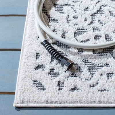 Ivory and Grey Geometric Synthetic Indoor/Outdoor Runner Rug