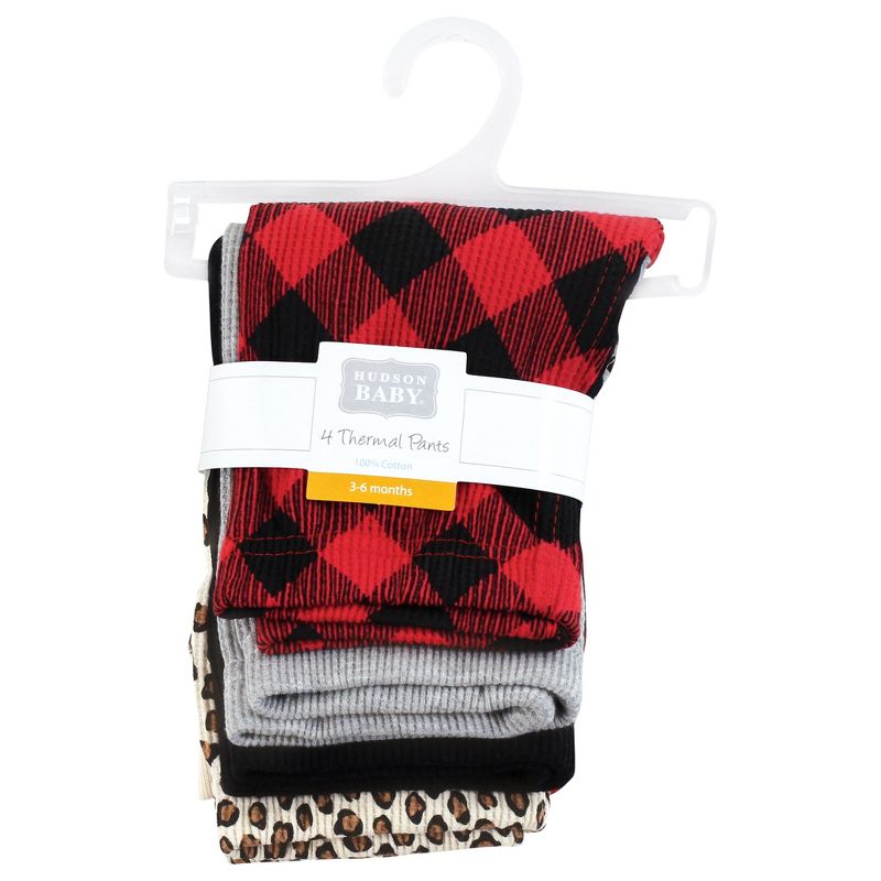 Hudson Baby Infant Girl Thermal Tapered Ankle Pants 4pk, Buffalo Plaid Leopard, 2 of 7
