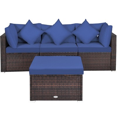 Tangkula 4PCS Rattan Patio Conversation Furniture Set Yard Outdoor w/ Navy Cushion