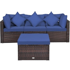 Tangkula 4PCS Rattan Patio Conversation Furniture Set Yard Outdoor w/ Navy Cushion - 1 of 4