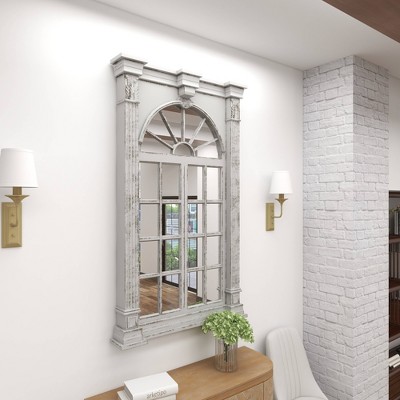 Cream Wood Windowpane Arched Wall Mirror with Distressed Finish