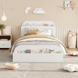 Jojoka Low Wood Platform Twin Size Bed Frame for Kids Bedroomwith Storage Headboard and Raised Footboard - 1 of 4