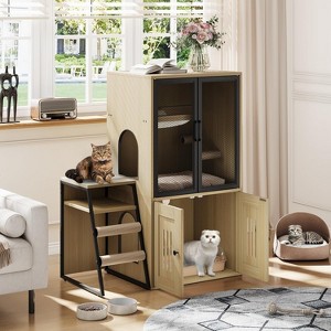 Cat Litter Box Enclosure Furniture with Hammock and Scratching Posts,Wooden Double Hidden Litter Box with Ladder Rack - 1 of 4