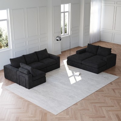 99 inch Beige Corduroy Cloud  L-Shaped Modern Upholstered Sectional Sofa with Three pillows for Living Room and Bedroom