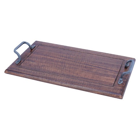 Black wooden serving tray deals with handles