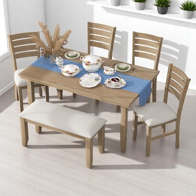 6-Piece Dining Set for 6, Rustic Wood Dining Table with 4 Chairs and Bench, Comfortable Upholstered Seats for Kitchen or Dining Room