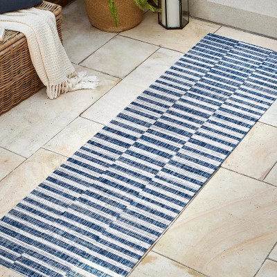 2'-2" x 8' Blue and Ivory Synthetic Stripe Runner Rug