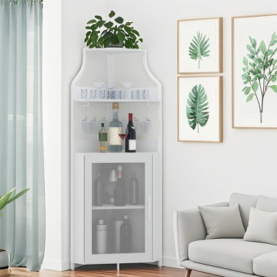 Corner Bar Cabinet, 61" Tall Farmhouse Wine Cabinet with Detachable Wine Rack, 5-Tier Industrial Wine Cabinet with Glass Holder & Adjustable Shelves