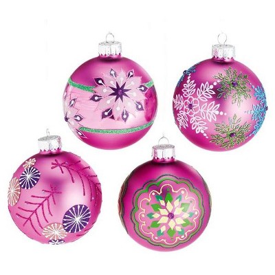 Ganz Set of 4 Dazzling Pink Snowflake Design Glass Ball Christmas Ornaments 3.5"