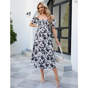 WhizMax Women's Maternity Dress Summer Floral Print Square Neck Puff Sleeve Midi Dress Casual Ruffle A Line Dress for Babyshower - 1 of 4