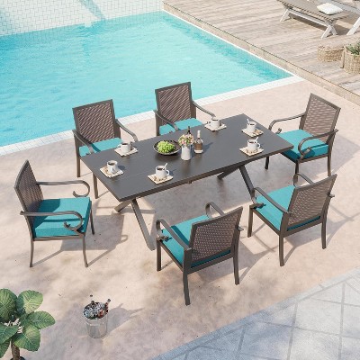 ALAULM Patio Dining Set Outdoor Furniture, Metal Furniture Set Fixed Chairs and Large Table with Umbrella Cutout,for Garden,Porch, Deck, Backyard