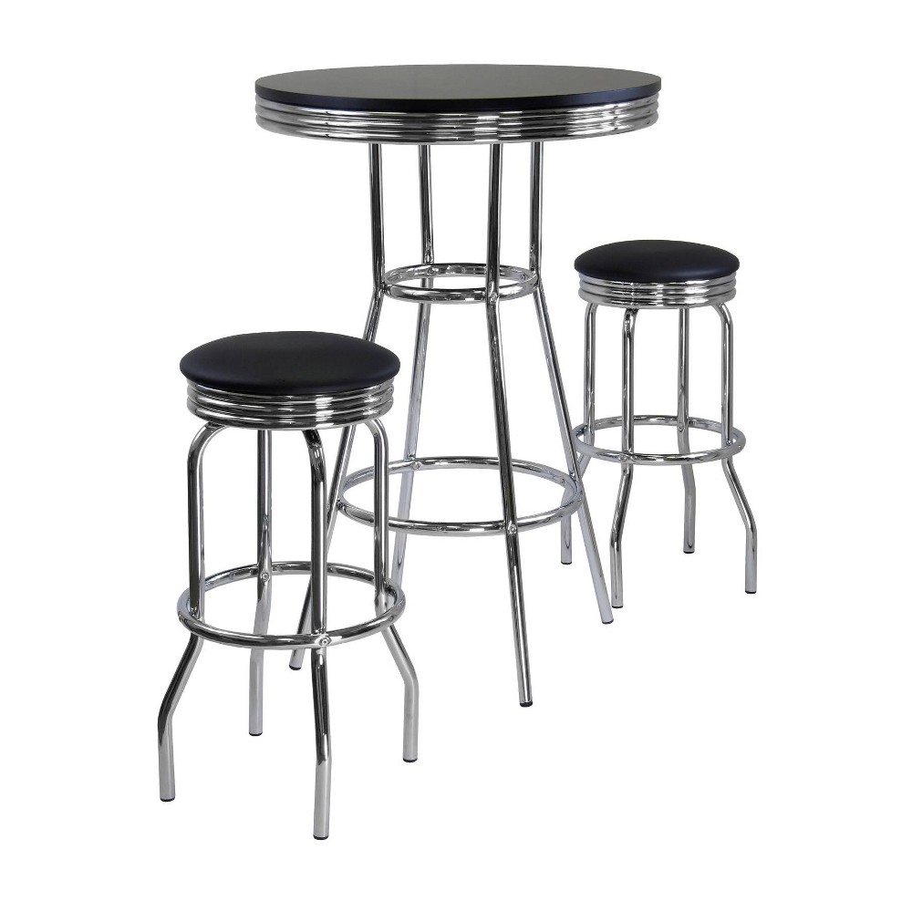 3pc Summit Bar Height Dining Sets with Swivel Stools Black/Bright Chrome - Winsome: Round Table, Wood Composite Frame