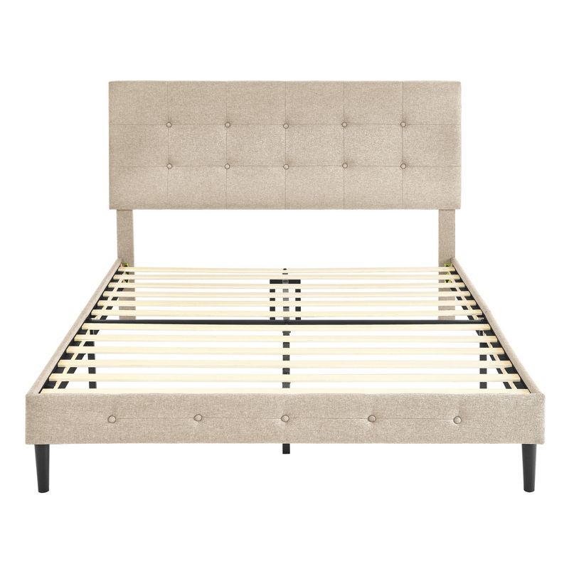 Linen Upholstered Full Platform Bed with Tufted Headboard and Wood Slats