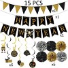 New Year Party Decorations Set with Black Gold Banner, Bunting, 6 Ceiling Swirls & Tissue Pom Poms for New Year's Eve - 3 of 4