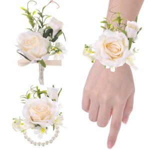 Unique Bargains Wedding Prom Parties Special Events Artificial Flower Wrist Corsage 1 Set - 1 of 4