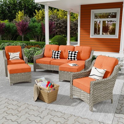 XIZZI 5 Pieces Wicker Furniture, Outside Conversation Set, 3-Seat Sofa with Cushion, High Back Rattan Chairs and Ottomans for Garden Backyard