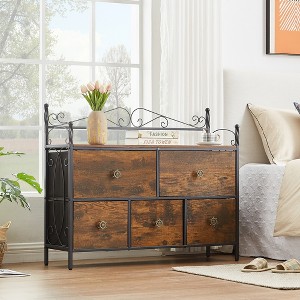VECELO Wooden Top Dresser with 5 Drawers, Bedside/End Table for Living Room or Bedroom, Easy Pull Handle, Brown - 1 of 4