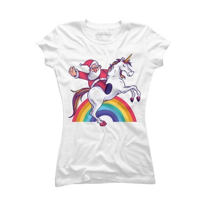 Junior's Design By Humans Christmas Cartoon Santa Riding A Unicorn By rasok T-Shirt
