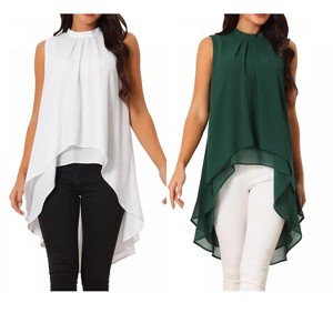 INSPIRE CHIC Women's Casual Tie Back Asymmetrical High Low Sleeveless Mock Neck Flowy Blouse 2 Packs - 1 of 4