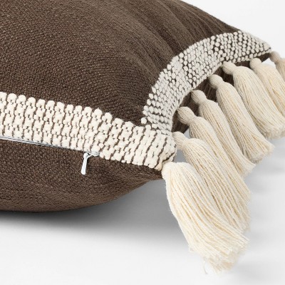Brown Cotton Square Throw Pillow with Cream Tassels