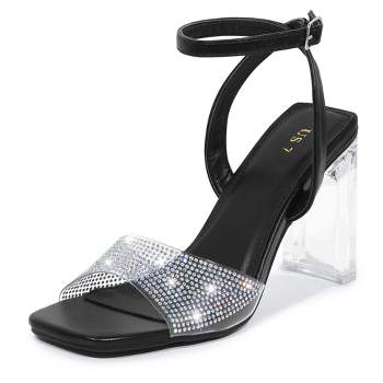 Allegra K Women's Rhinestone Clear Heeled Ankle Strap Sandals