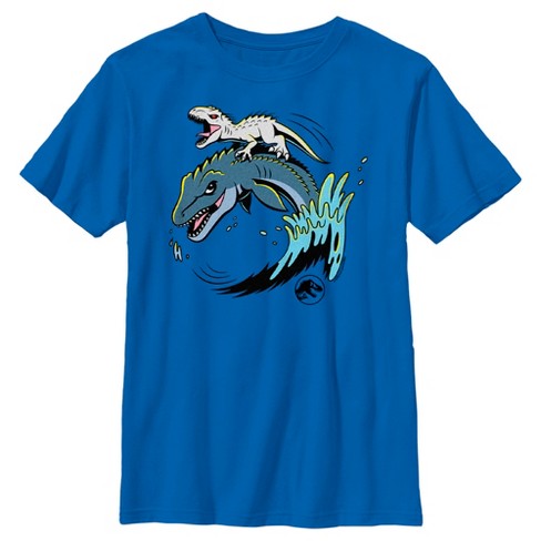 Boy's Jurassic World Dinosaur Wave Surfing T-Shirt - Royal Blue - Large