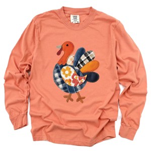 Plaid Turkey Patchwork Print - Women's Garment Dyed Long Sleeve Graphic T-Shirt - 1 of 4
