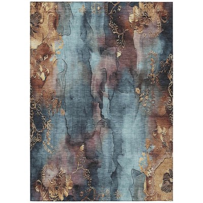 Blue And Gold Floral Washable Indoor Outdoor Area Rug