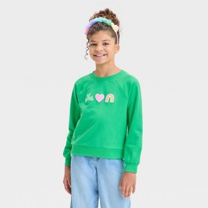 Girls' 'St. Patrick's Day Icons' Crewneck Pullover Fleece Sweatshirt - Cat & Jack™ Bright Green - 1 of 4