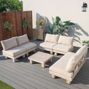 Moda Furnishings 6-Person Outdoor Patio Aluminum Wood Grain Sectional Seating Group With Beige Cushions - 1 of 4