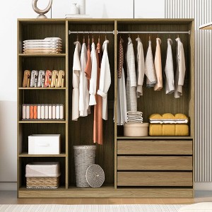 LOVMOR Doorless Wooden Storage Wardrobe with Shelves, 3 Drawers & Double Hanging Rods for Bedroom, Home Room - 1 of 4