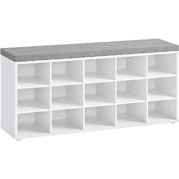 VASAGLE Shoe Bench with Cushion, Storage Bench with Padded Seat, Entryway Bench with 15 Compartments White and Gray