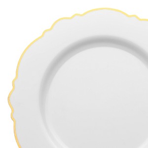 Smarty Had A Party 10.25" White with Gold Rim Round Blossom Disposable Plastic Dinner Plates (120 Plates) - 1 of 4