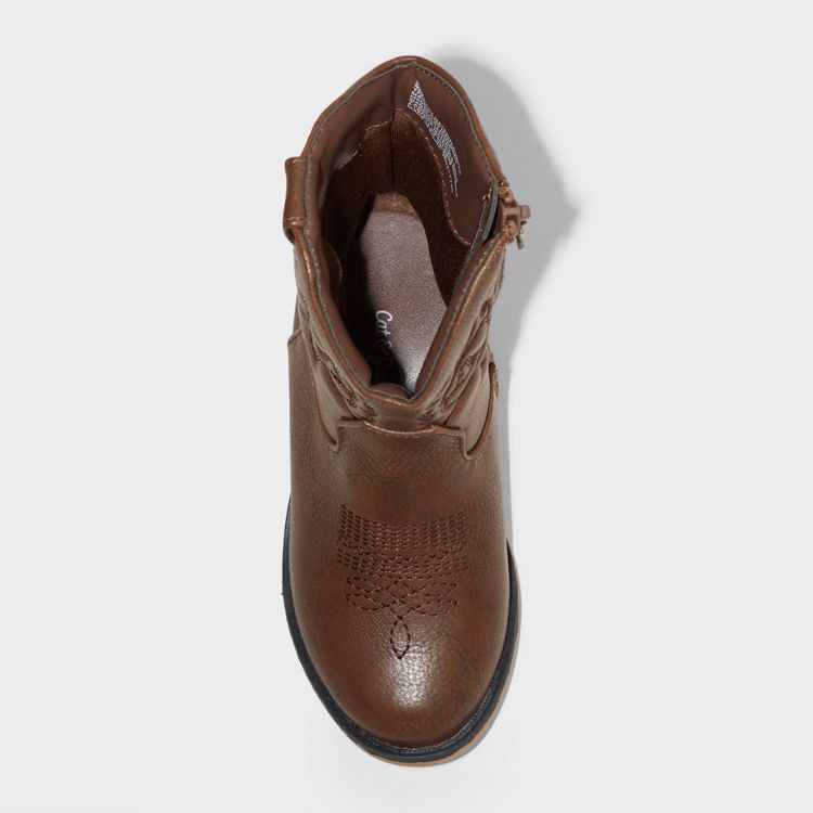 Brown colored boot with decorative stitching on the toe and a side zipper, viewed from above.