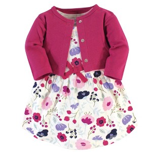 Touched by Nature Baby and Toddler Girl Organic Cotton Dress and Cardigan 2pc Set, Pink Botanical, 2 Toddler - 1 of 4