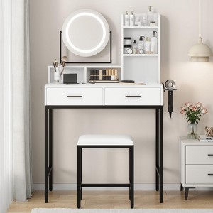 Vanity Desk with Rotating Mirror, Makeup Vanity Desk with Adjustable Mirror, Dressing Table With 2 Drawers, Storage Shelves & Stool for Bedroom - 1 of 4